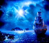 Majestic Ship Sailing Under a Moonlit Sky