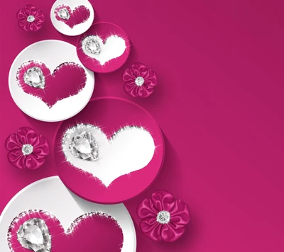 Corazones de diamante románticos sobre un fondo púrpura