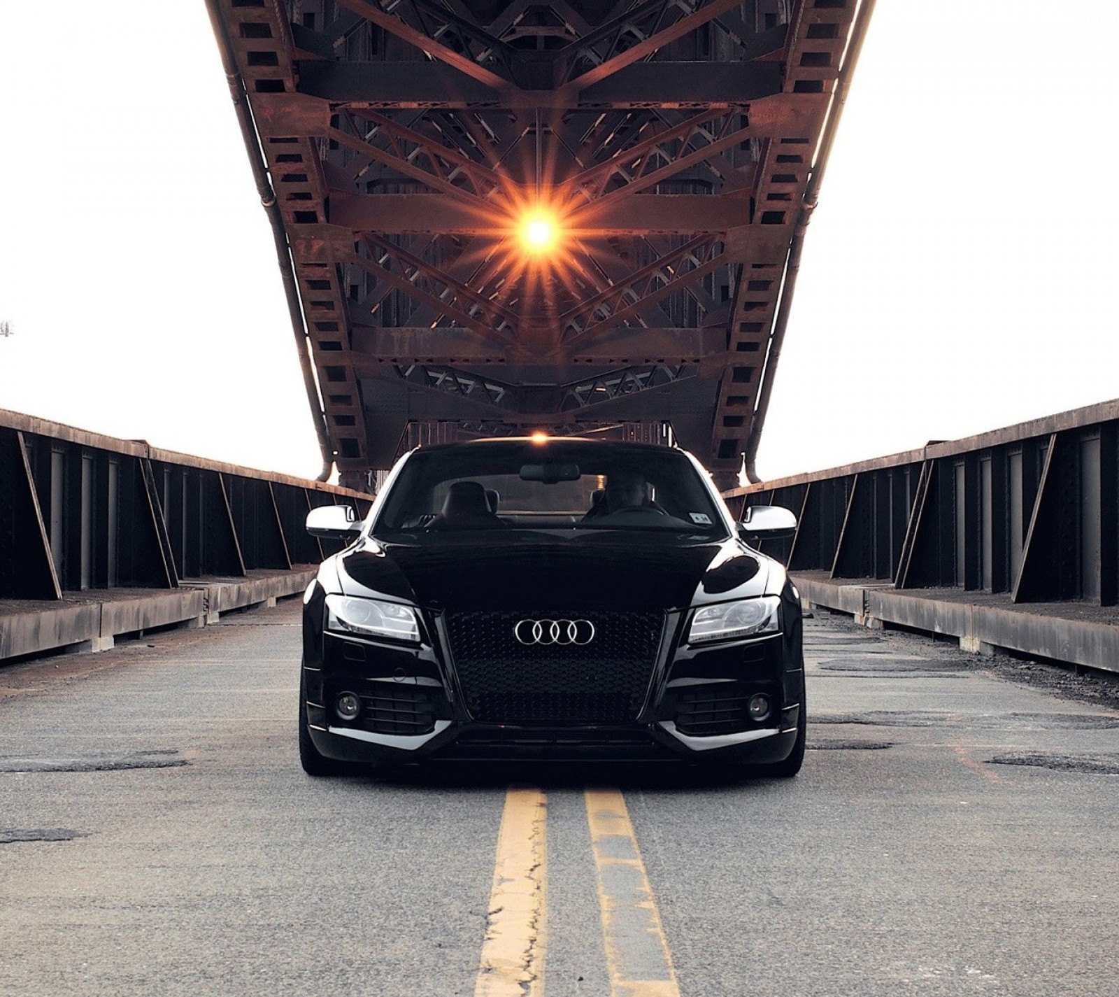 A close up of a car parked on a bridge with the sun shining (audi, audi s5, bridge, s5)