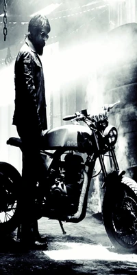 A silhouette of a man in a leather jacket stands beside a sleek motorcycle, surrounded by dramatic lighting and mist.