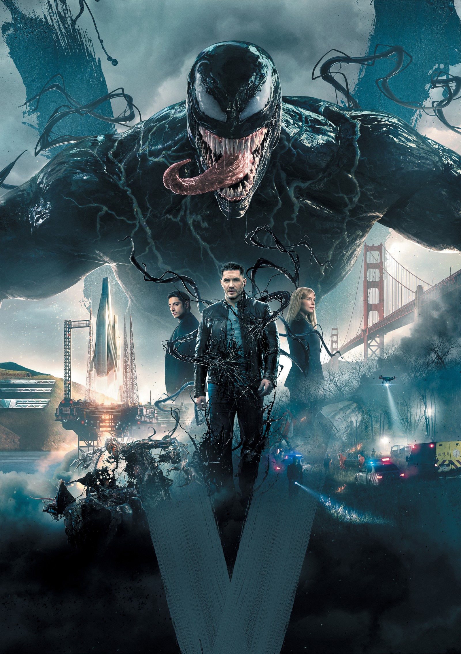 Venom movie poster with a man standing in front of a city (venom, movie, hd, spider, man)