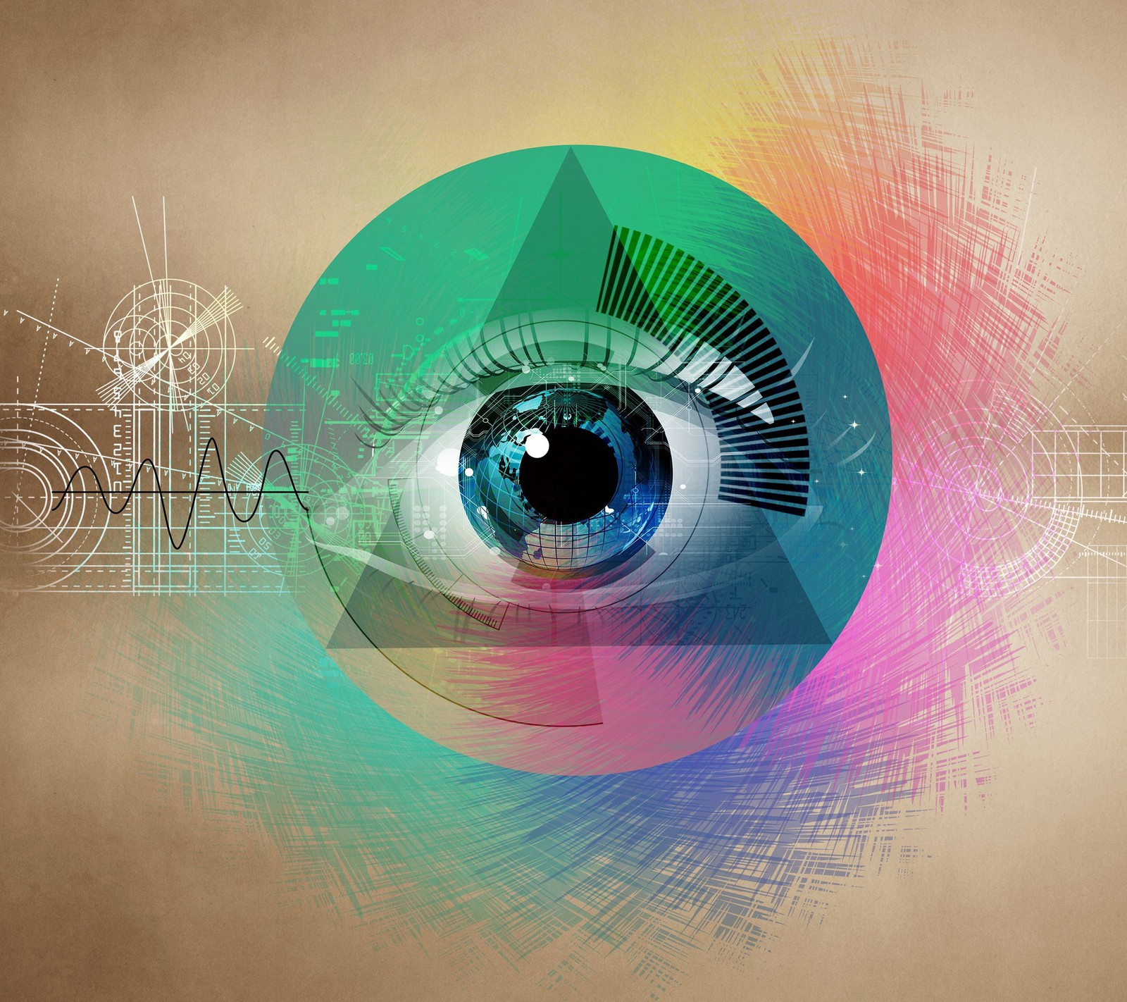 Abstract eye with colorful background and text (abstract, eye, symbol, triangle)