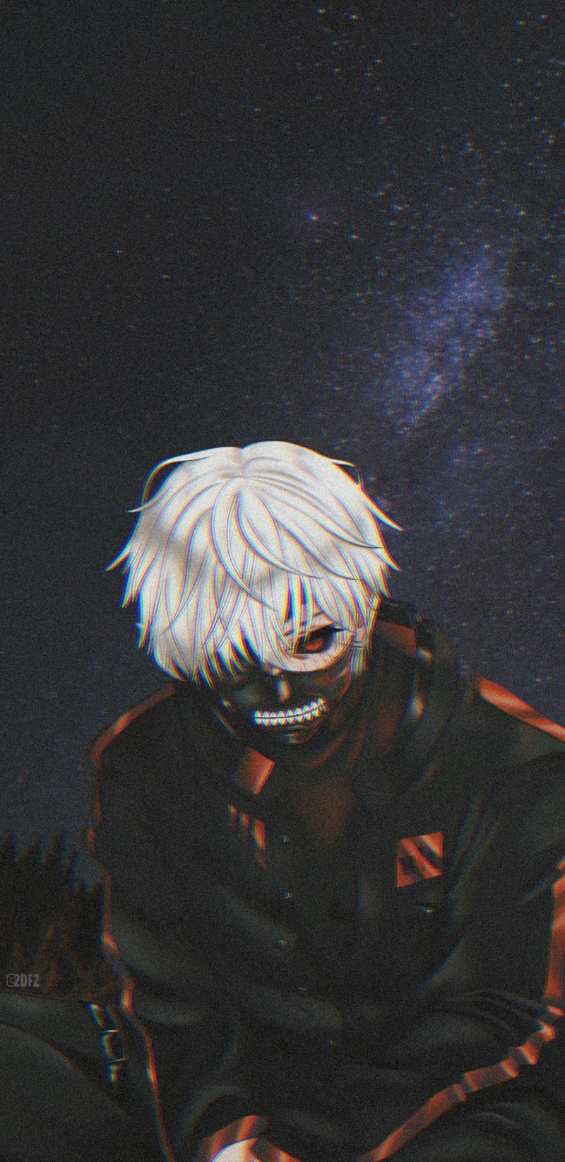 Аниме-персонаж с белыми волосами сидит на камне в темноте (канеки, kaneki, токийский гуль, tokyo ghoul)