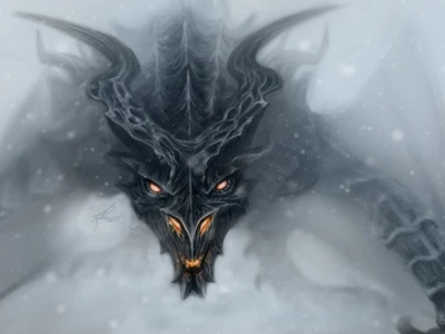 Dragon majestueux émergeant de la brume neigeuse