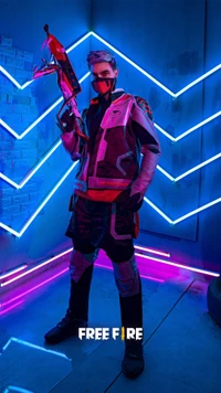 DJ Alok em estilo de jogo futurista com acentos de neon - Free Fire