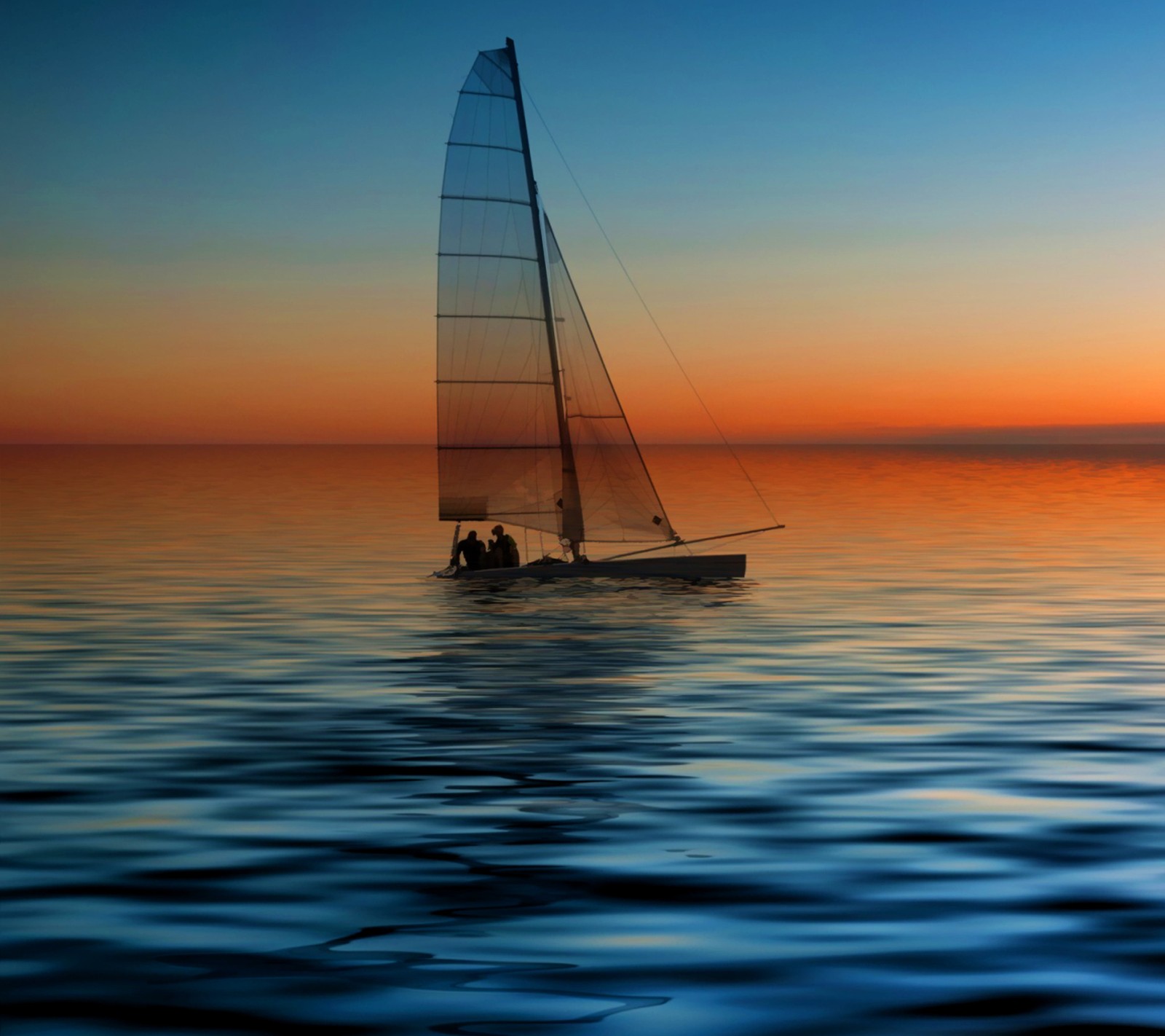 Arafed sailboat in the ocean at sunset with a couple of people (beautiful, blue, boat, cool, greece)