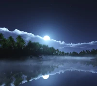 Río iluminado por la luna con exuberantes palmeras