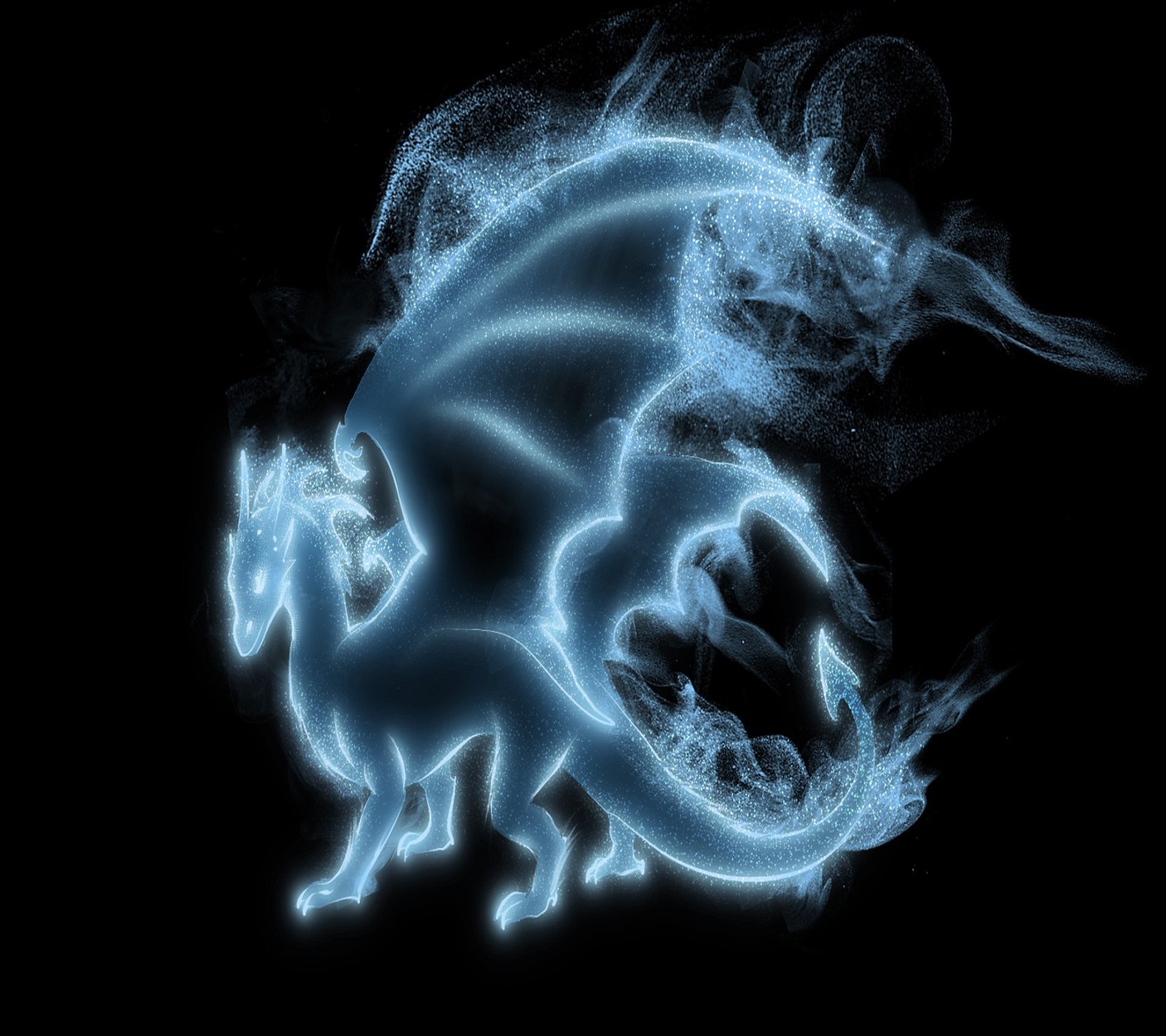 A close up of a blue dragon with smoke coming out of it (dragon, wallpaper)