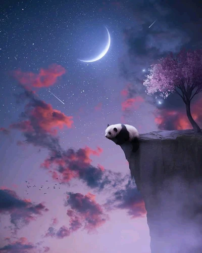 hermoso, luna, noche, panda, cielo