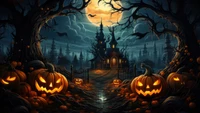 Scène d'Halloween hantée au clair de lune avec des citrouilles et une maison effrayante