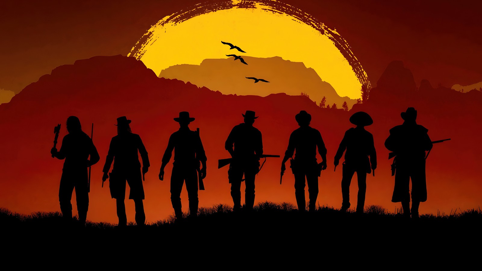 Eine gruppe von menschen steht mit waffen auf einem feld (red dead redemption 2, gang, schattenriss, sonnenuntergang, cowboys)