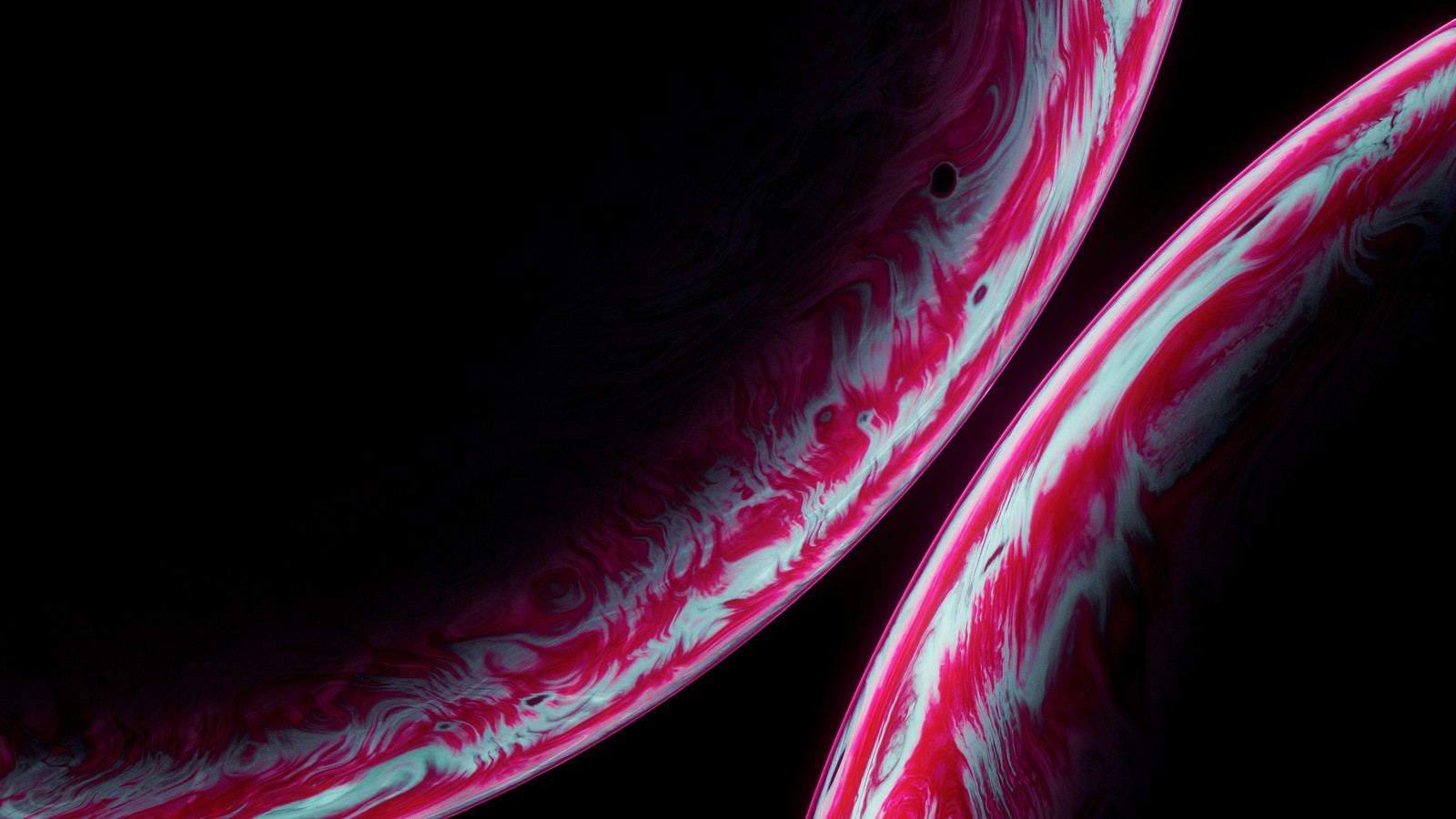 Un primer plano de un teléfono móvil con un diseño en espiral rojo y blanco (burbuja, amoled, macro, 3d, fondo negro)