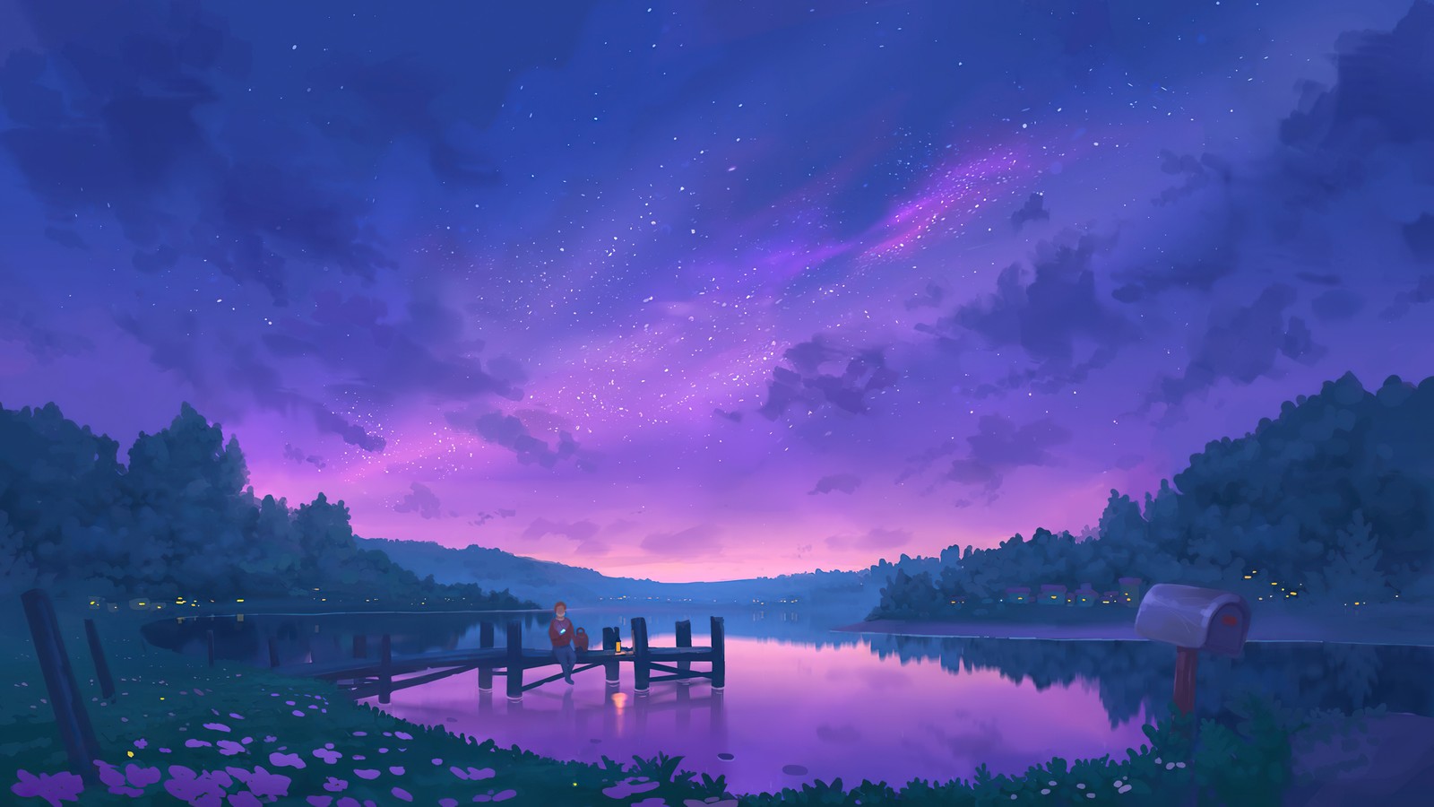 digital art, night, lake, sky, scenery wallpaper