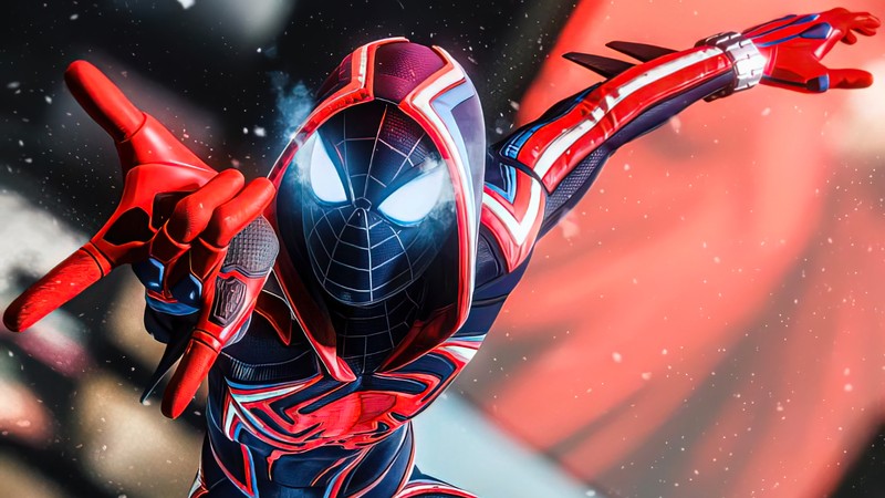 Человек-паук в красно-черном костюме с красным светом на лице (marvels spider man miles morales, playstation 5, ps5, ps4, видеоигра)