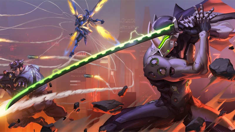 Группа людей в научно-фантастическом окружении с оружием (генжи, genji, overwatch, видеоигра, катана)