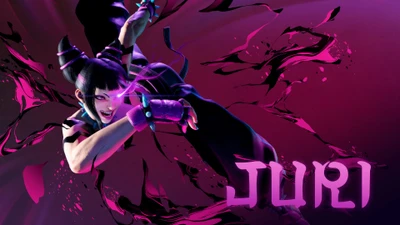 La dinámica Juri de Street Fighter 6 desata su poder en una impactante y colorida pose de acción.