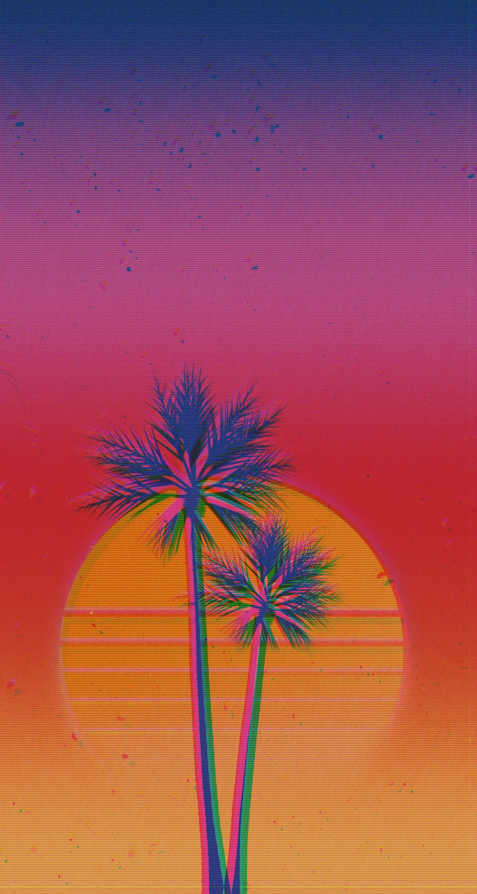 Un primer plano de dos palmeras frente a un atardecer (años 80, vaporwave, arte glitch, colorido, naranja)