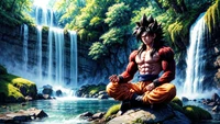 Goku como Super Saiyan 4 meditando junto a una cascada serena