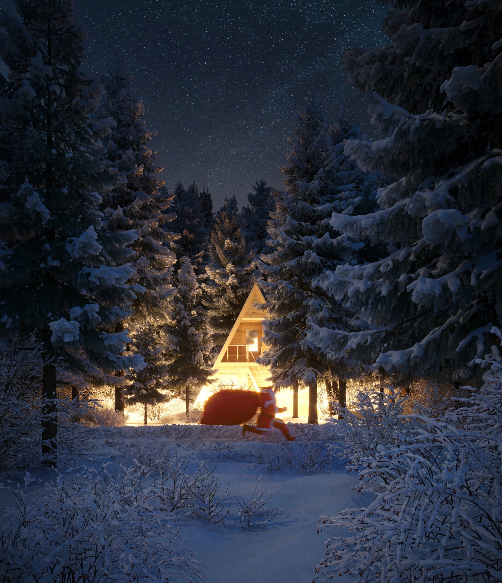 Scène nocturne enneigée avec un chalet et un parapluie rouge (éclairage, illustrateur, arbre, nature, architecte)