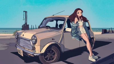 Charming Girl Leaning on a Classic Mini Cooper by the Seaside