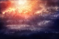 Surreal Castle Amidst a Foggy Forest Under a Burning Sunset Sky