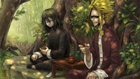 Um momento sereno na natureza com Eraserhead e All Might desfrutando de chá juntos sob uma árvore exuberante, destacando sua amizade em um ambiente tranquilo.