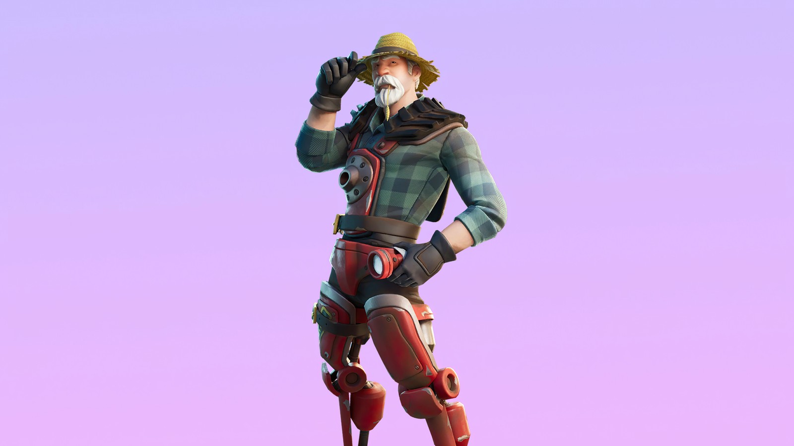 A close up of a person in a costume on a cell phone (fortnite, fortnite battle royale, video game, farmer steel, skin)