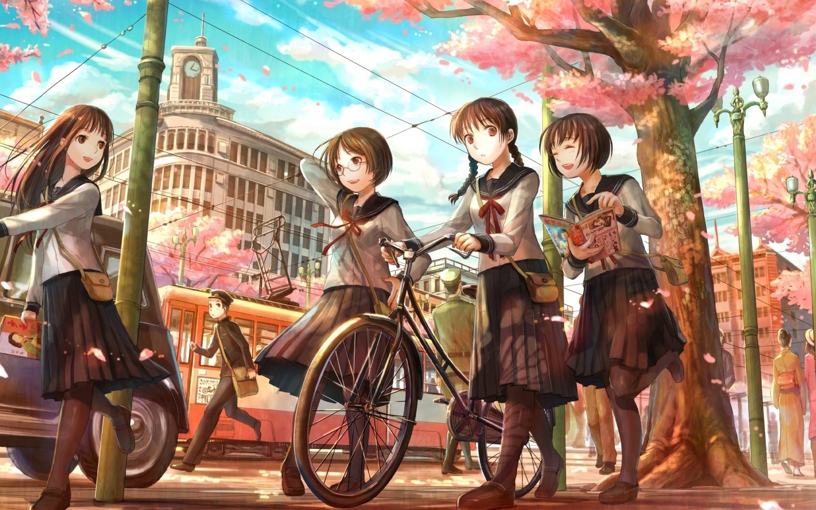 Meninas de anime com bicicletas na cidade (ilustração, recreação, clannad)