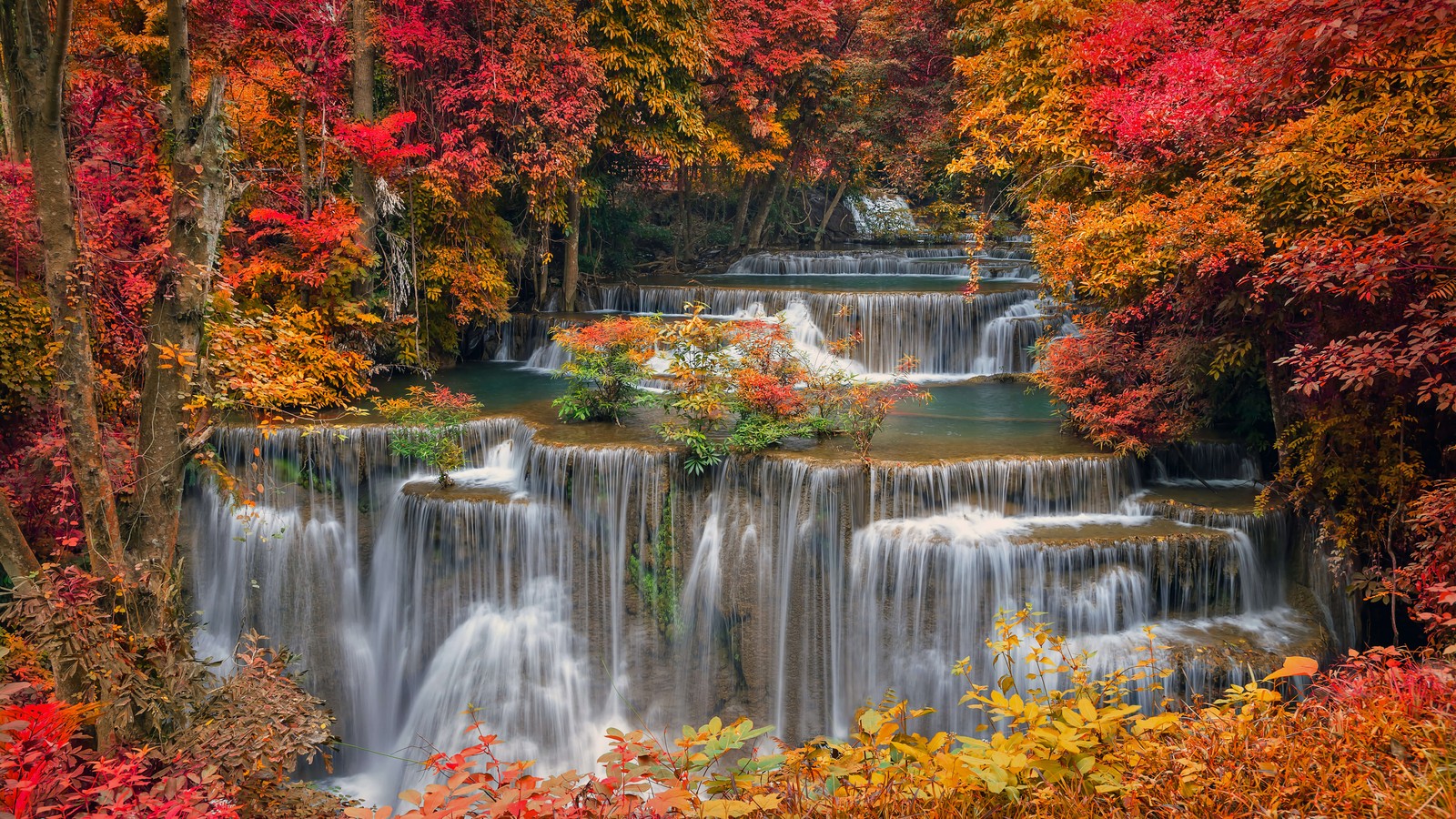 Una cascada rodeada de árboles coloridos en otoño (cascada, otoño, bosque, naturaleza, escenario)