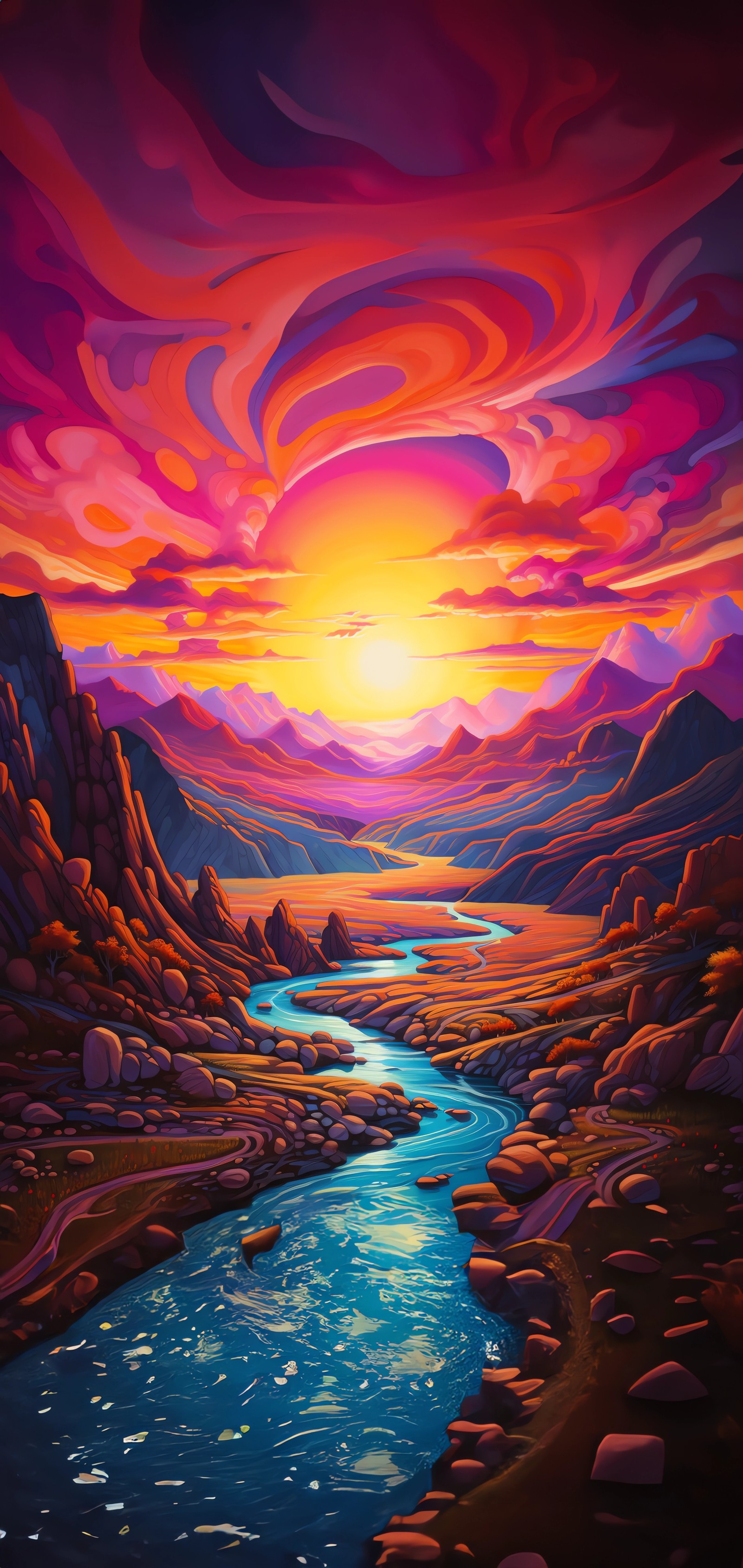 Peinture d'une rivière traversant une vallée avec un coucher de soleil en arrière-plan (crépuscule, peinture, arts visuels, peinture acrylique, coucher de soleil)