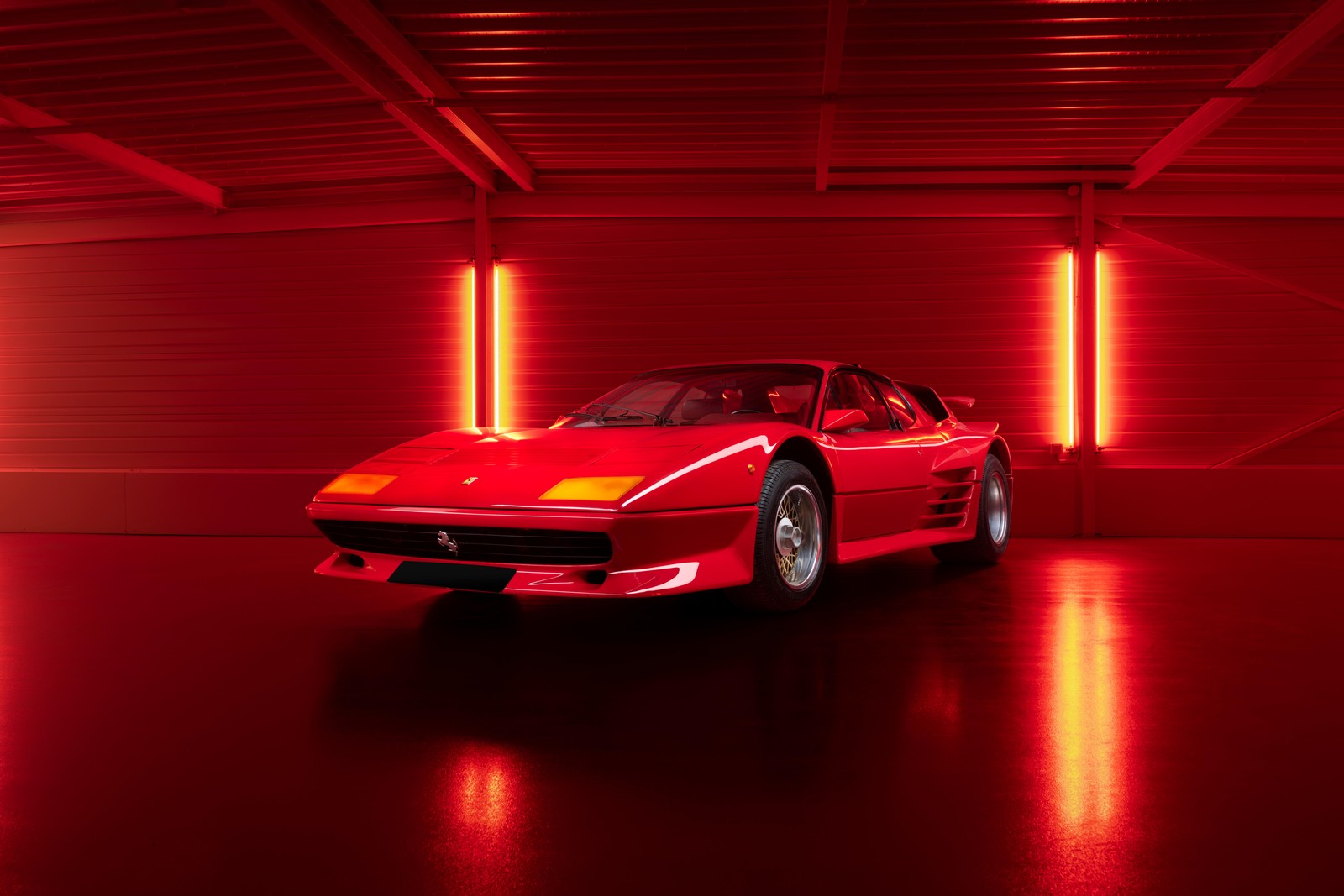 A red sports car in a garage with red lighting (koenig ferrari 512 bb twin turbo, pininfarina, red cars, red background, 5k)