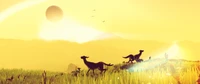 Joyful Fawns in a Sunlit No Man's Sky Landscape