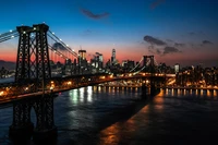 williamsburg bridge, sunset, new york city, suspension bridge, city lights