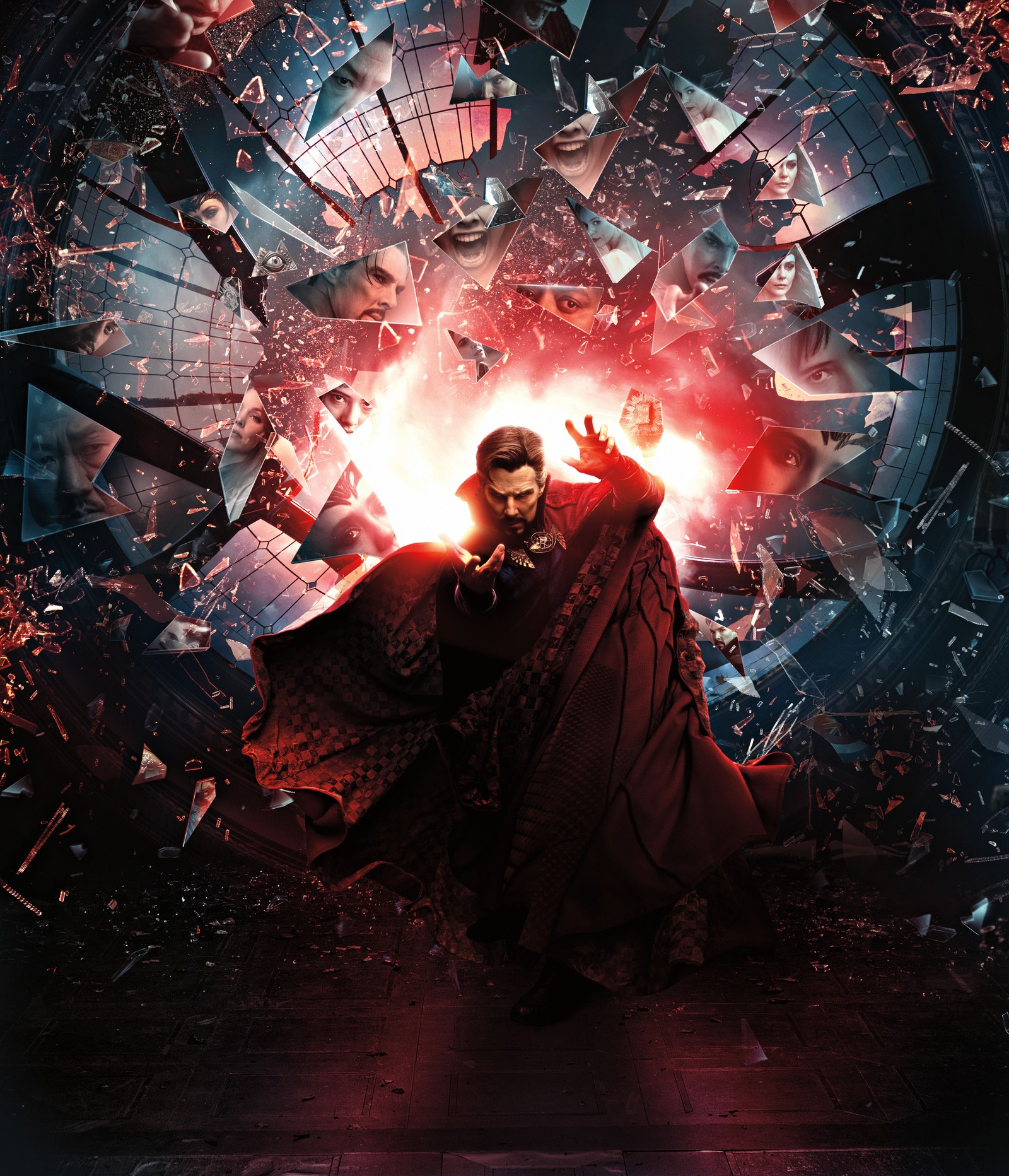 Eine nahaufnahme einer person in einem roten gewand, die vor einer großen explosion steht (doctor strange im multiversum der wahnsinn, filme 2022, dr stephen strange, benedict cumberbatch, marvel comics)