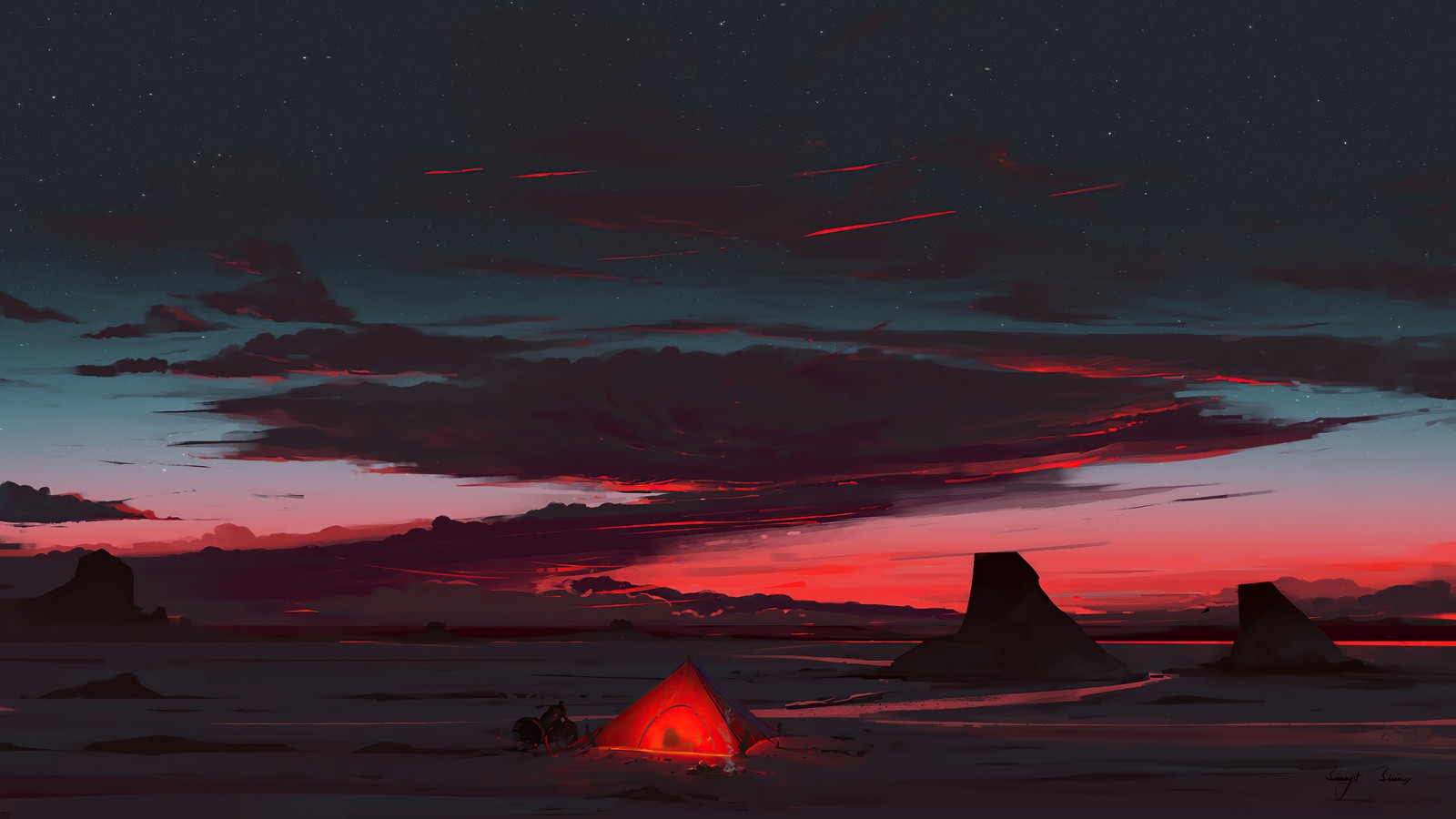 A red tent in the desert with a sky background (camping, sunset, landscape, scenery, digital art)