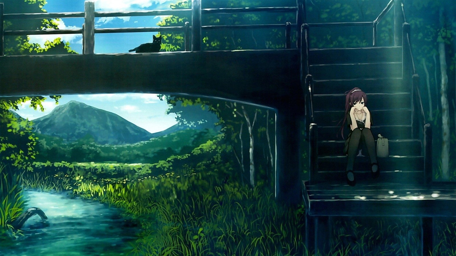 Anime scene of a woman sitting on a bridge over a river (anime, green, nature, water, jungle)