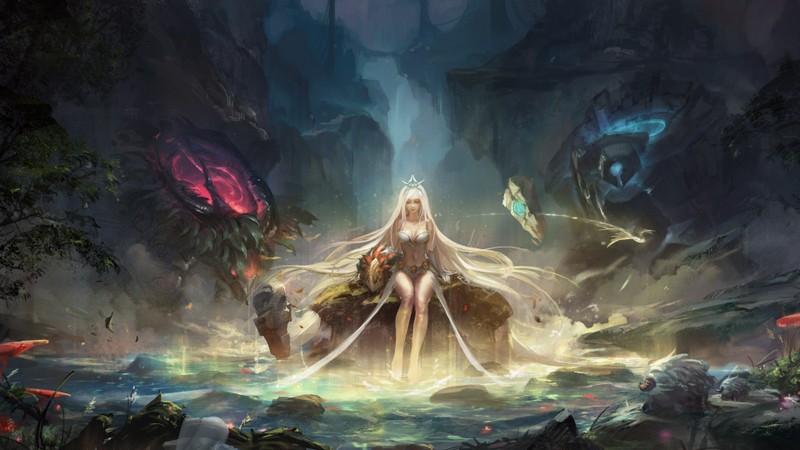 Женщина, сидящая на камне, окруженная водой и растениями (жанна, janna, lol, league of legends, видеоигра)