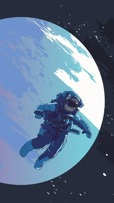 Astronaute de dessin animé en combinaison spatiale bleu électrique flottant contre un fond céleste