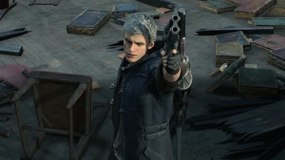 Nero from Devil May Cry 5 aiming his gun amidst a chaotic battlefield.