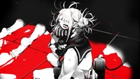 Himiko Toga in einer unheimlichen Pose, mit einer Maske und umgeben von einem blutroten Hintergrund.