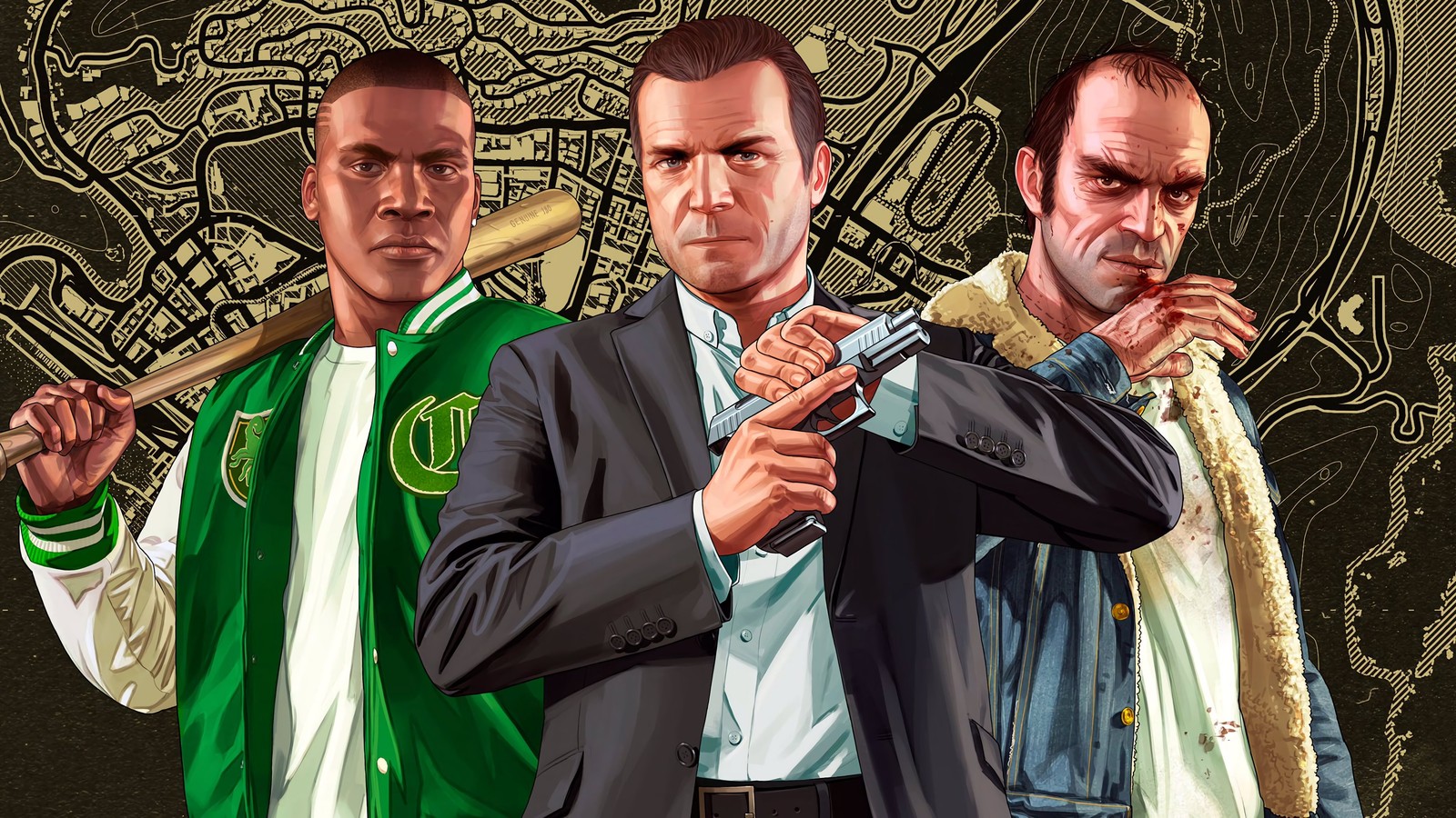 Gros plan de trois hommes en costumes tenant des armes et une carte (grand theft auto v, michael de santa, townley, franklin clinton, trevor philips)