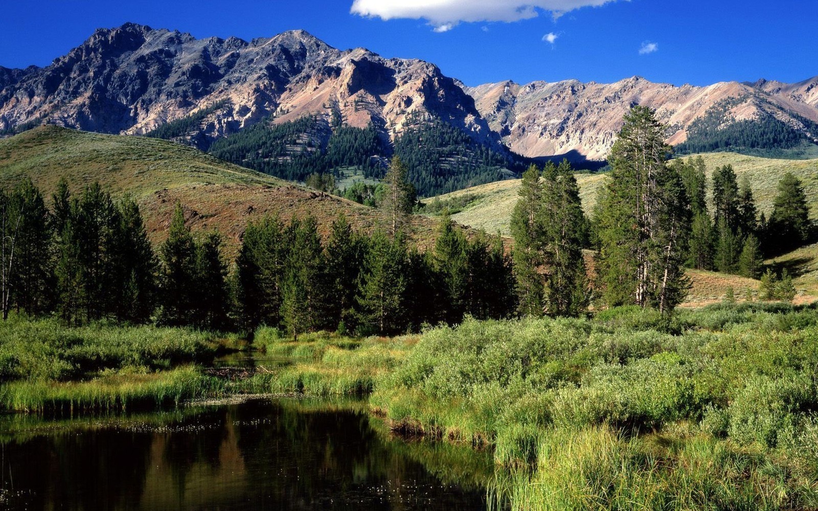 A view of a mountain range with a river and trees (mountainous landforms, mountain, nature, wilderness, highland)