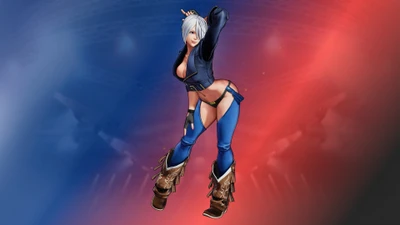 Ange de The King of Fighters XV dans une pose dynamique sur un fond vibrant.