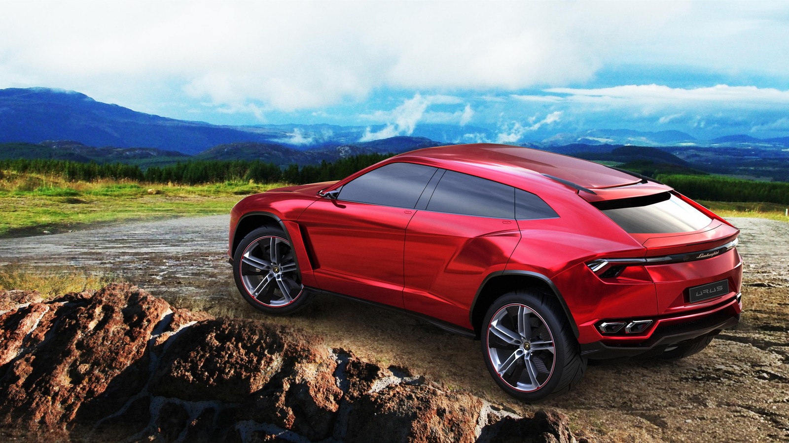 A red lamb suv parked on a dirt road near a mountain (lamborghini, lamborghini urus, car, concept car, supercar)