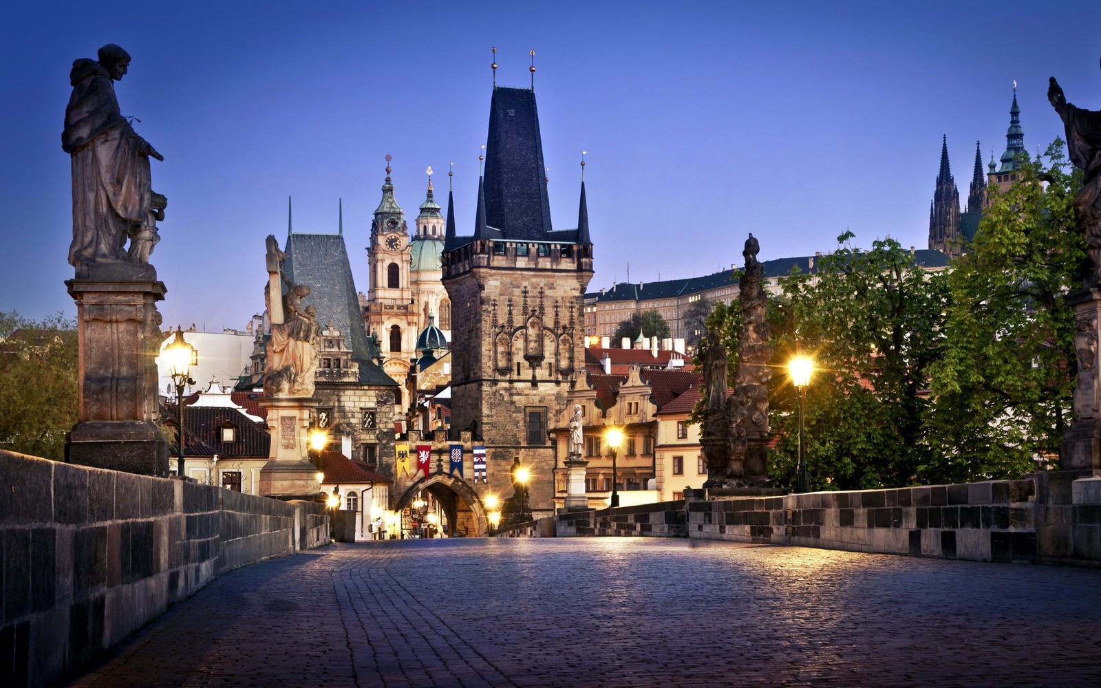 charles bridge, prague castle, landmark, town, night Download Wallpaper