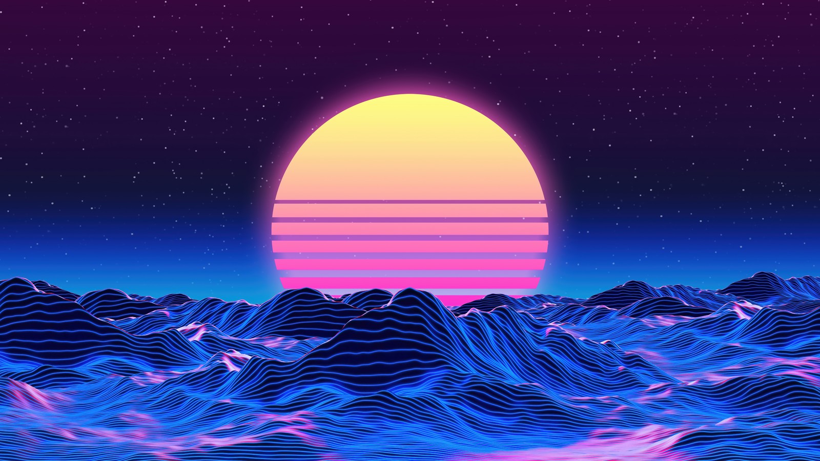 Un coucher de soleil sur l'océan avec des vagues et des étoiles (coucher de soleil, étoiles, nuit, ciel, synthwave)