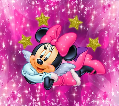 Minnie Mouse como uma fada em um fundo rosa brilhante com estrelas