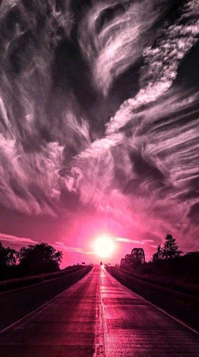 landscape, pink, road, sunset