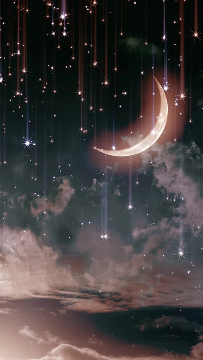 Enchanted Night Sky with Crescent Moon and Twinkling Stars