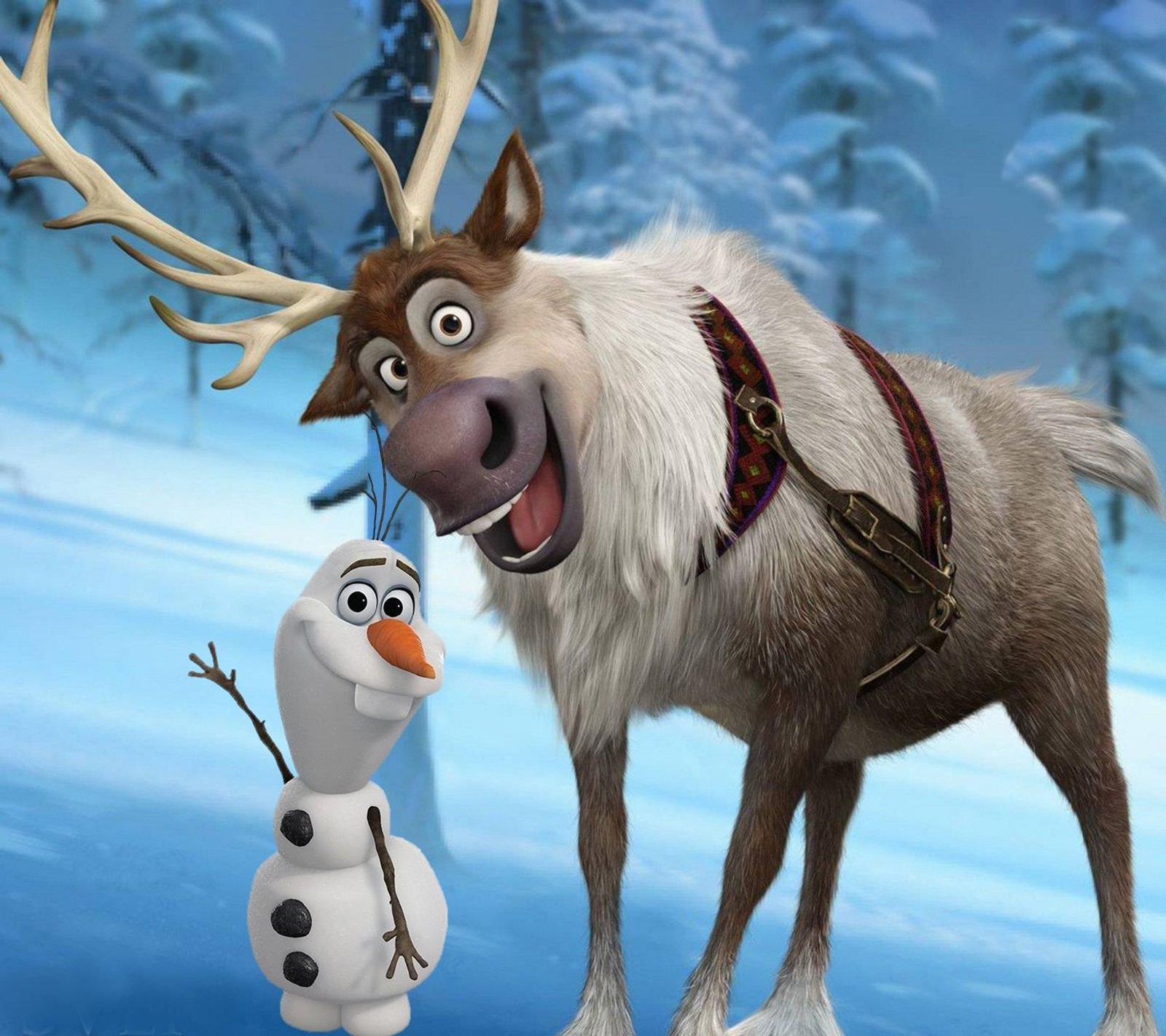 A close up of a reindeer and a snowman in a snowy forest (disney, frozen, movie, olaf, reindeer)